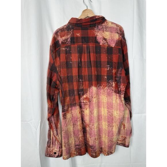Upcycled L.L. Bean Flannel Shirt Bleach Dyed One of a Kind XL Cotton Unisex Red - Picture 5 of 7